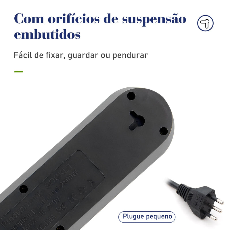 Filtro de linha 110-220V 4x10A 2500W com 3xUSB, cabo de 2 metros