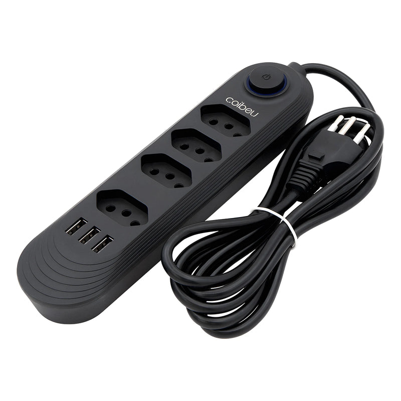 Filtro de linha 110-220V 4x10A 2500W com 3xUSB, cabo de 2 metros