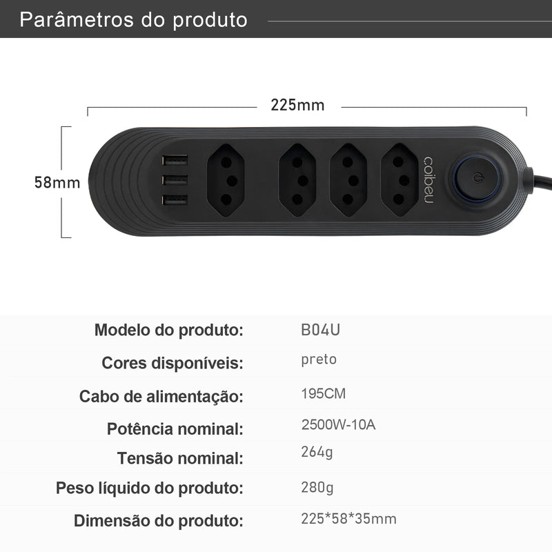 Filtro de linha 110-220V 4x10A 2500W com 3xUSB, cabo de 2 metros
