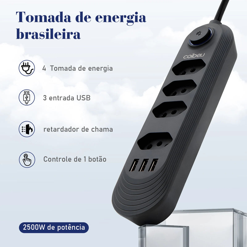 Filtro de linha 110-220V 4x10A 2500W com 3xUSB, cabo de 2 metros